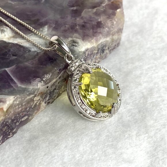Sterling Silver 925 Oval Domed Faceted Yellow Citrine & Diamond Pendant Necklace - Picture 7 of 16